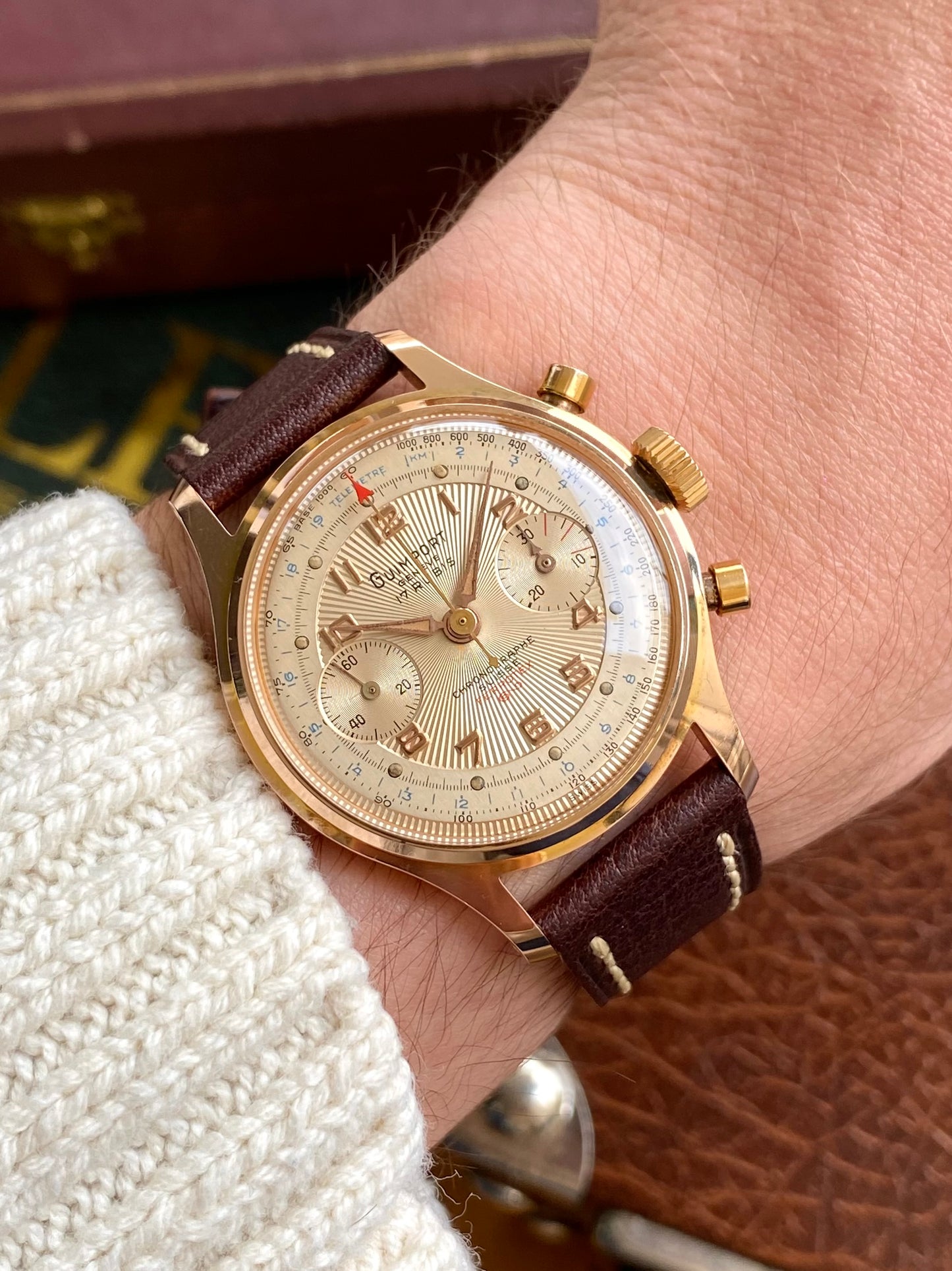 Guimport Genève Chronographe Suisse - Montre Vintage Mécanique Cadran Guilloché Plaqué Or - Landeron 151