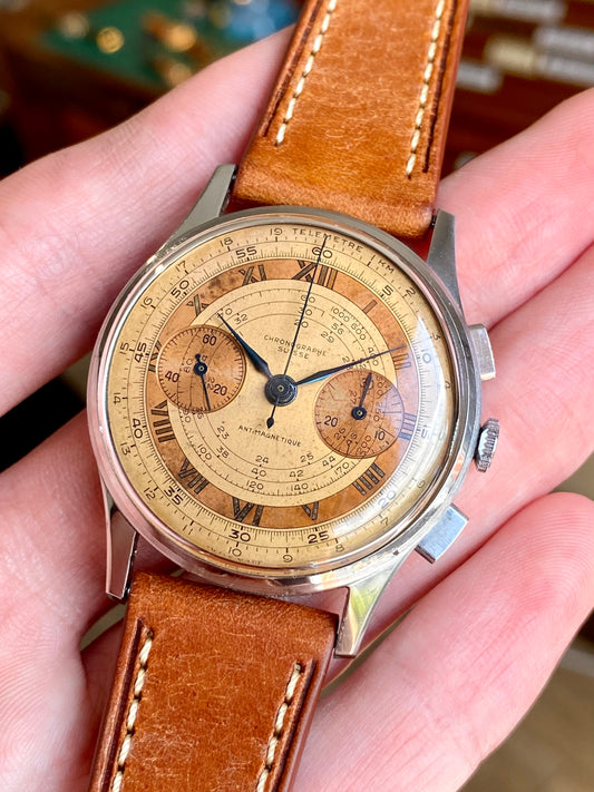 Chronographe Suisse Montre Vintage Mécanique Landeron 48 Cadran Cuivré 1940
