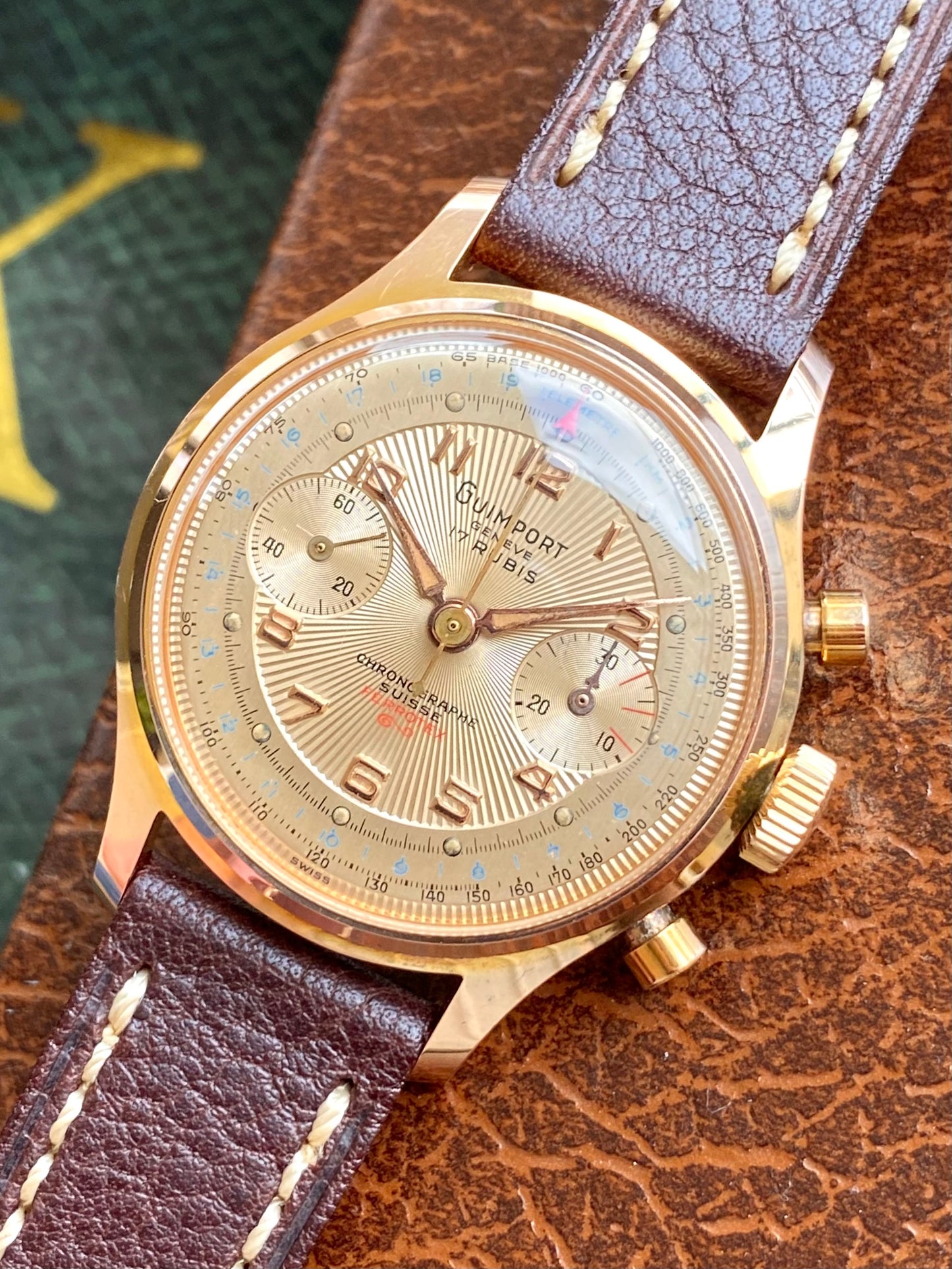 Guimport Genève Chronographe Suisse - Montre Vintage Mécanique Cadran Guilloché Plaqué Or - Landeron 151