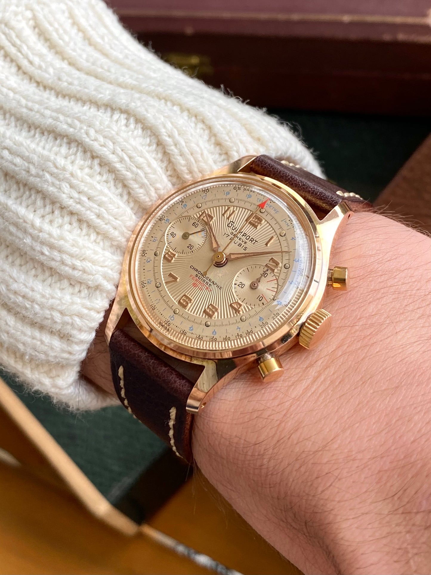 Guimport Genève Chronographe Suisse - Montre Vintage Mécanique Cadran Guilloché Plaqué Or - Landeron 151