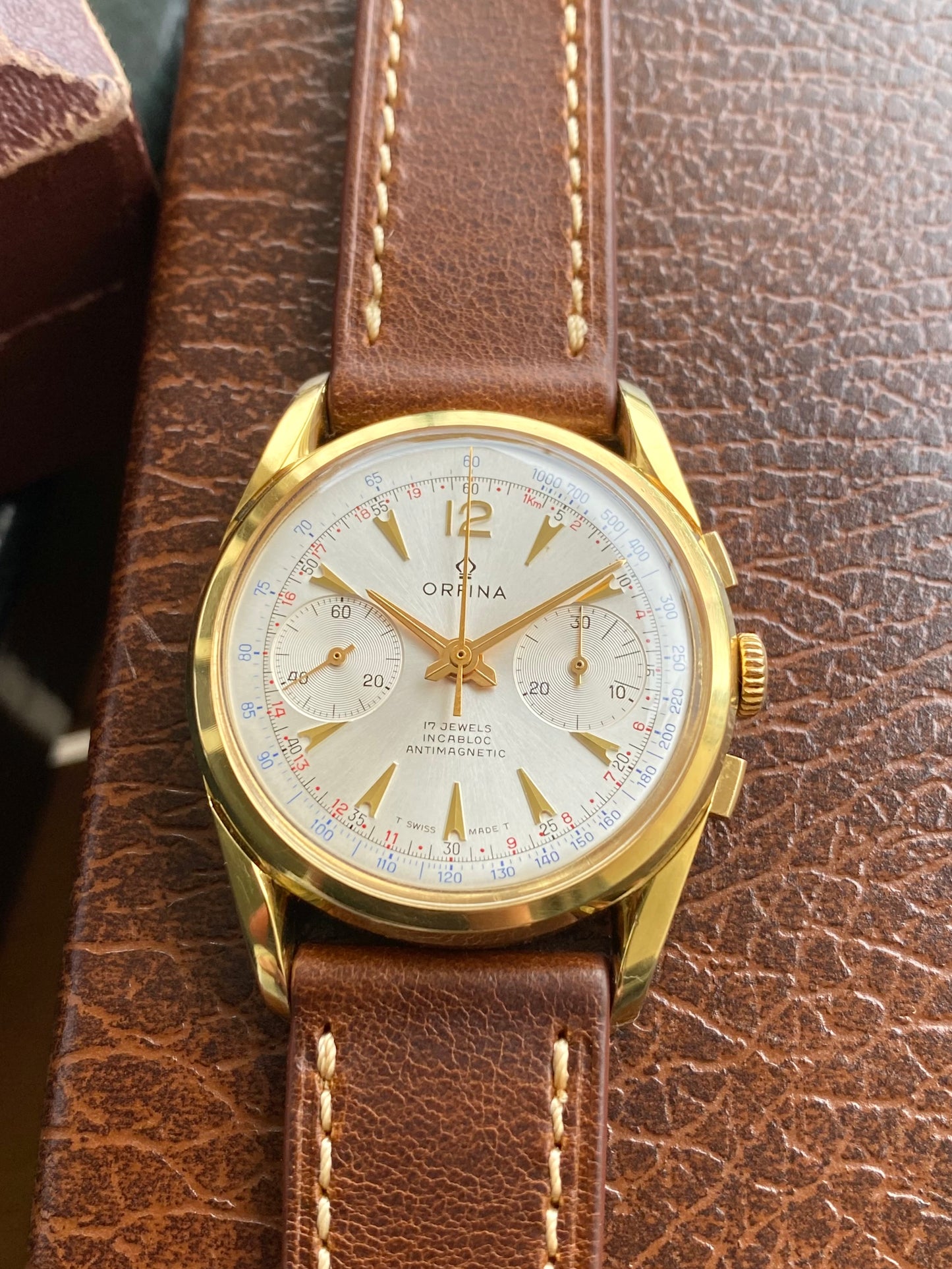 Orfina Montre Chronographe Suisse Landeron 248 Plaqué Or Vintage Mécanique 1960