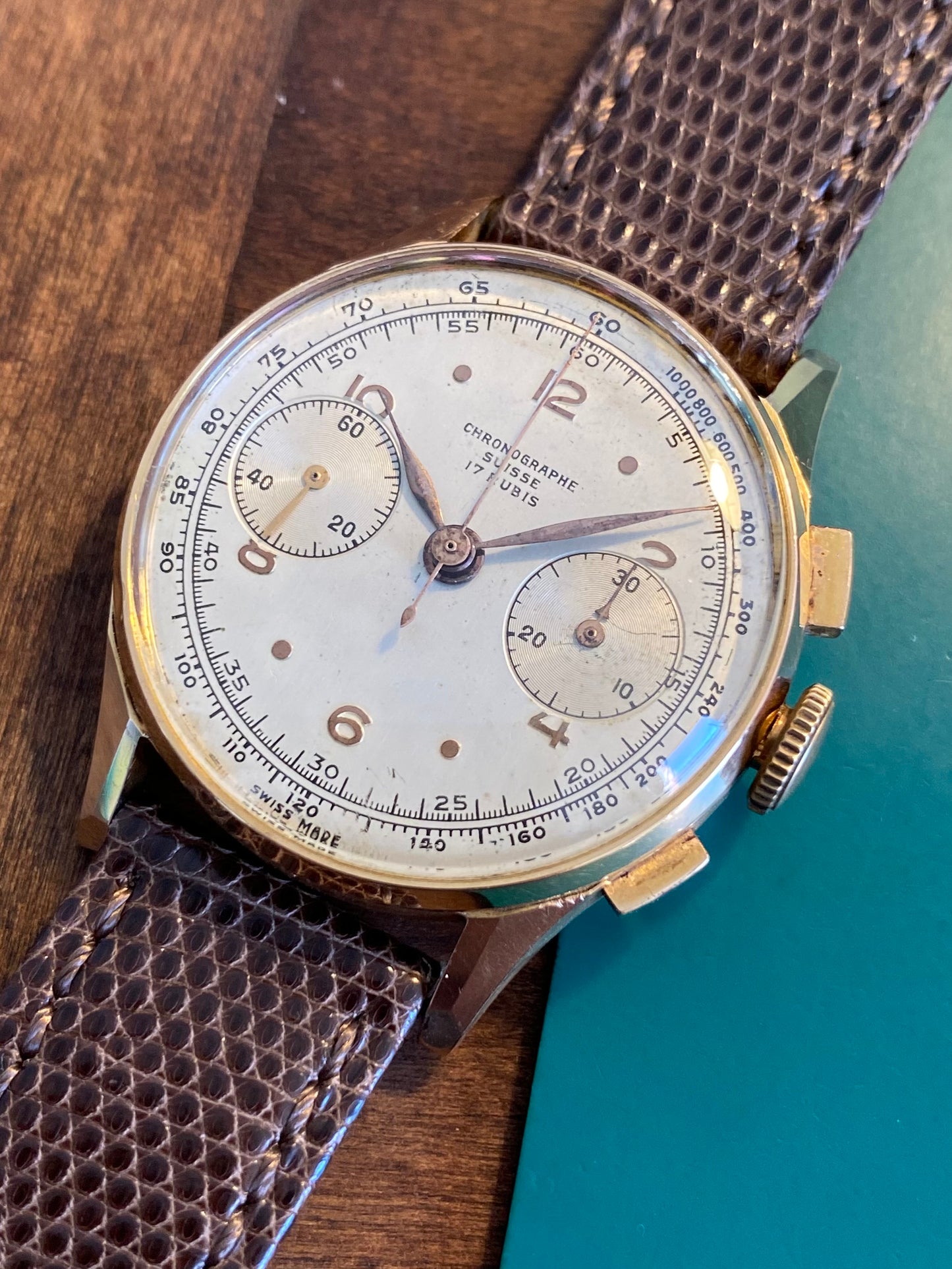 Chronographe Suisse 18k Or Rose 750/1000 Montre Vintage Mécanique Landeron 48 1950