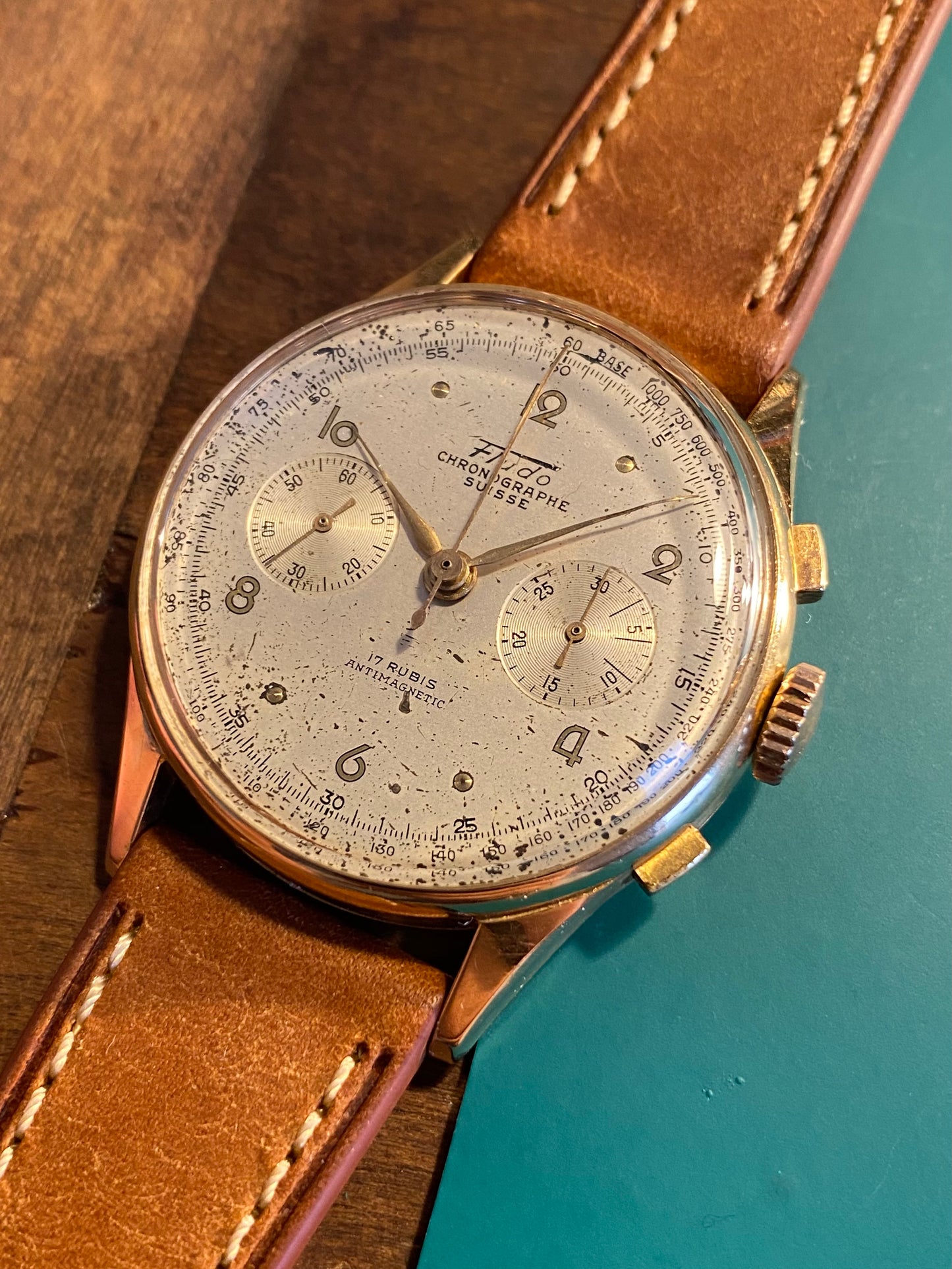 Fludo 18k Or Jaune 750/1000 Chronographe Suisse Landeron 51 Mécanique 1950