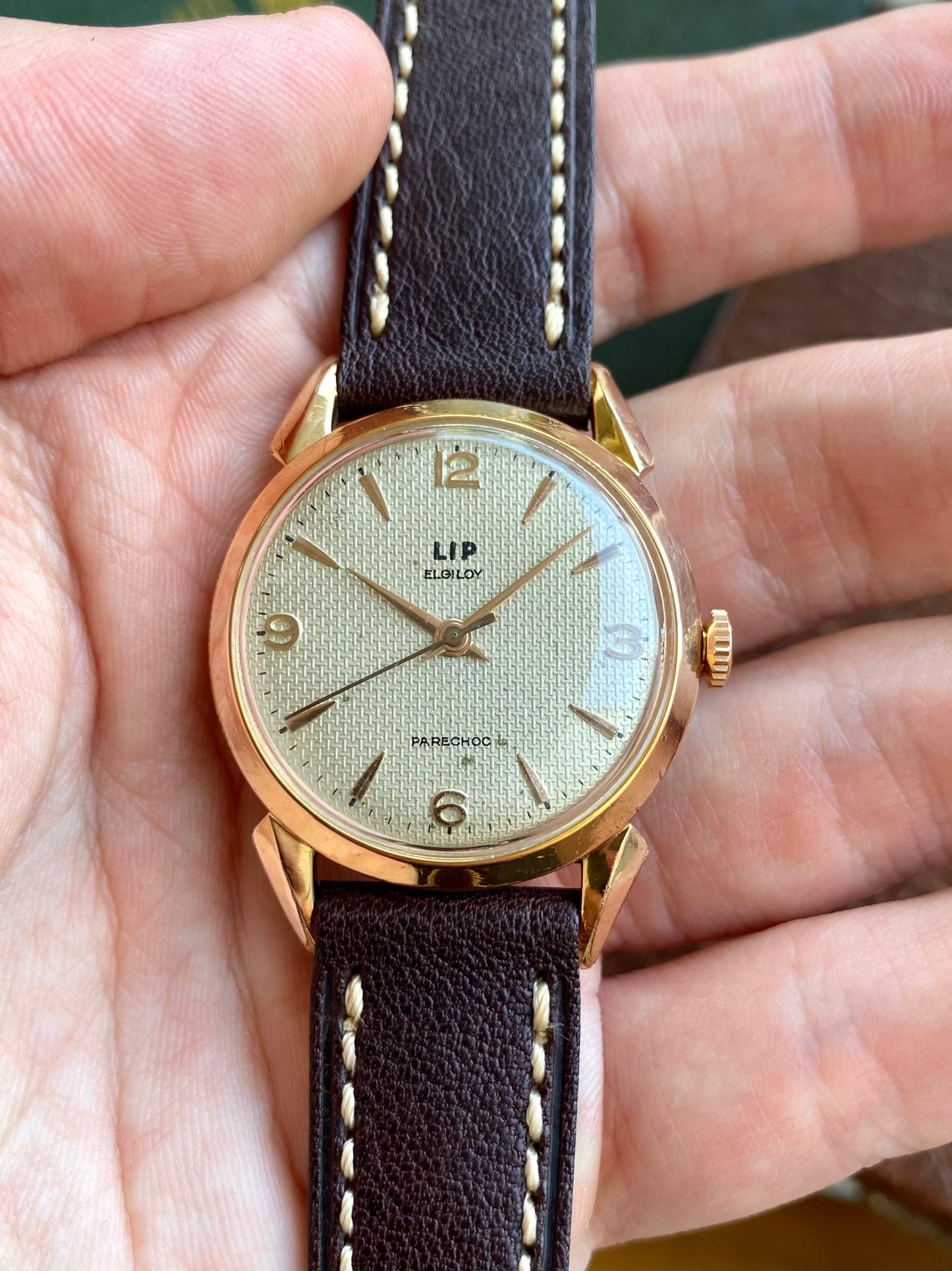 LIP Elgiloy PareChoc France R25 Montre Vintage Mécanique Cadran Guilloché Plaqué Or 1950