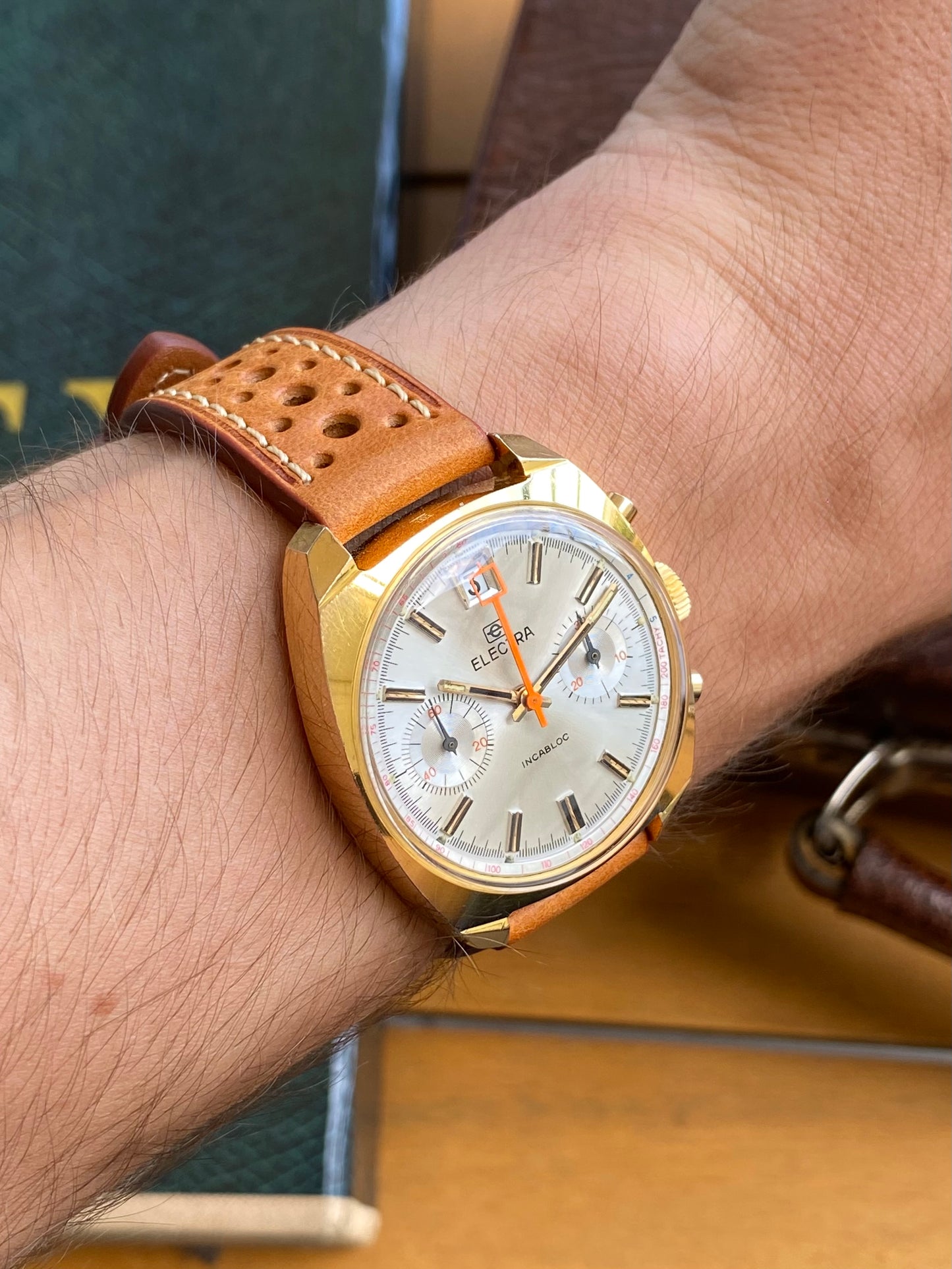 Electra Chronographe Montre Vintage Mécanique Valjoux 7734 Plaqué Or 1970