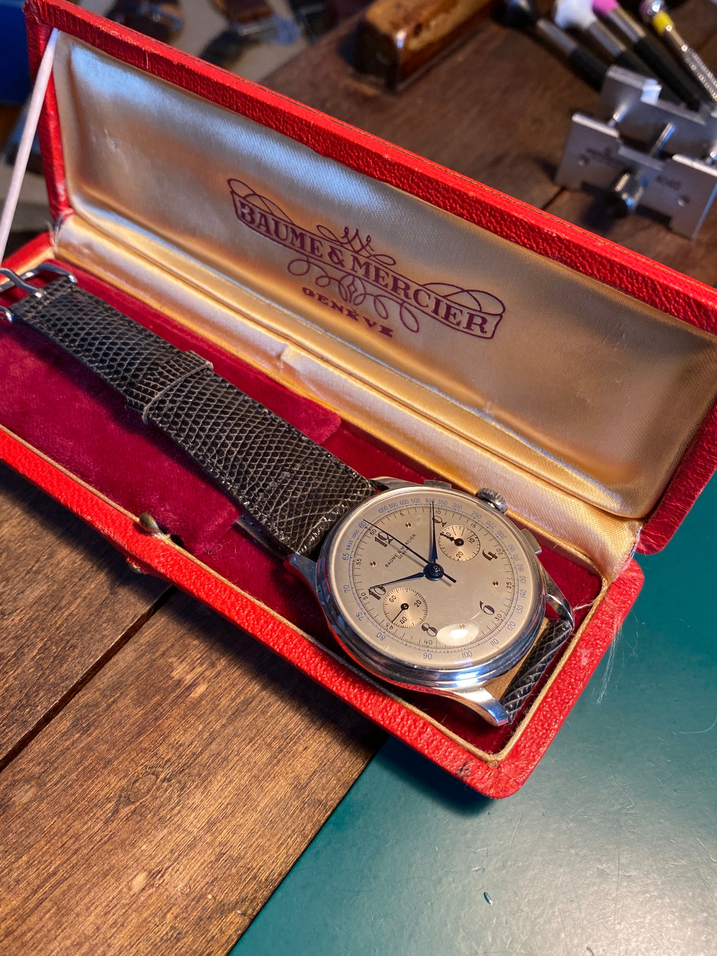 Baume & Mercier Genève Chronograph Landeron 48 Montre Vintage Mécanique 1940 + Boîte
