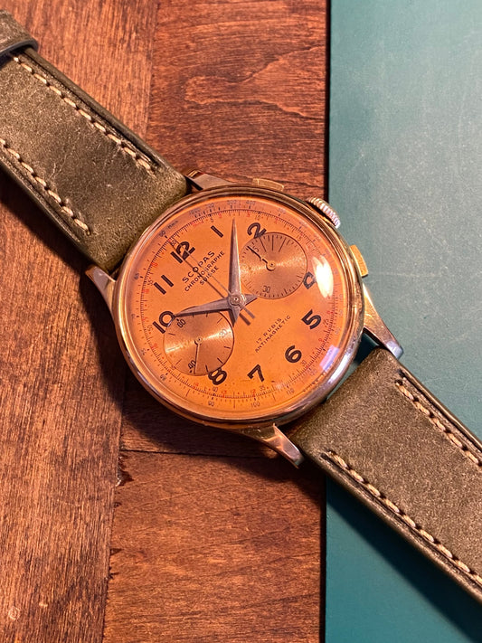 Scopas Chronographe Suisse Or Jaune 18k 750/1000 Salmon Dial Montre Vintage Mécanique Landeron 1950