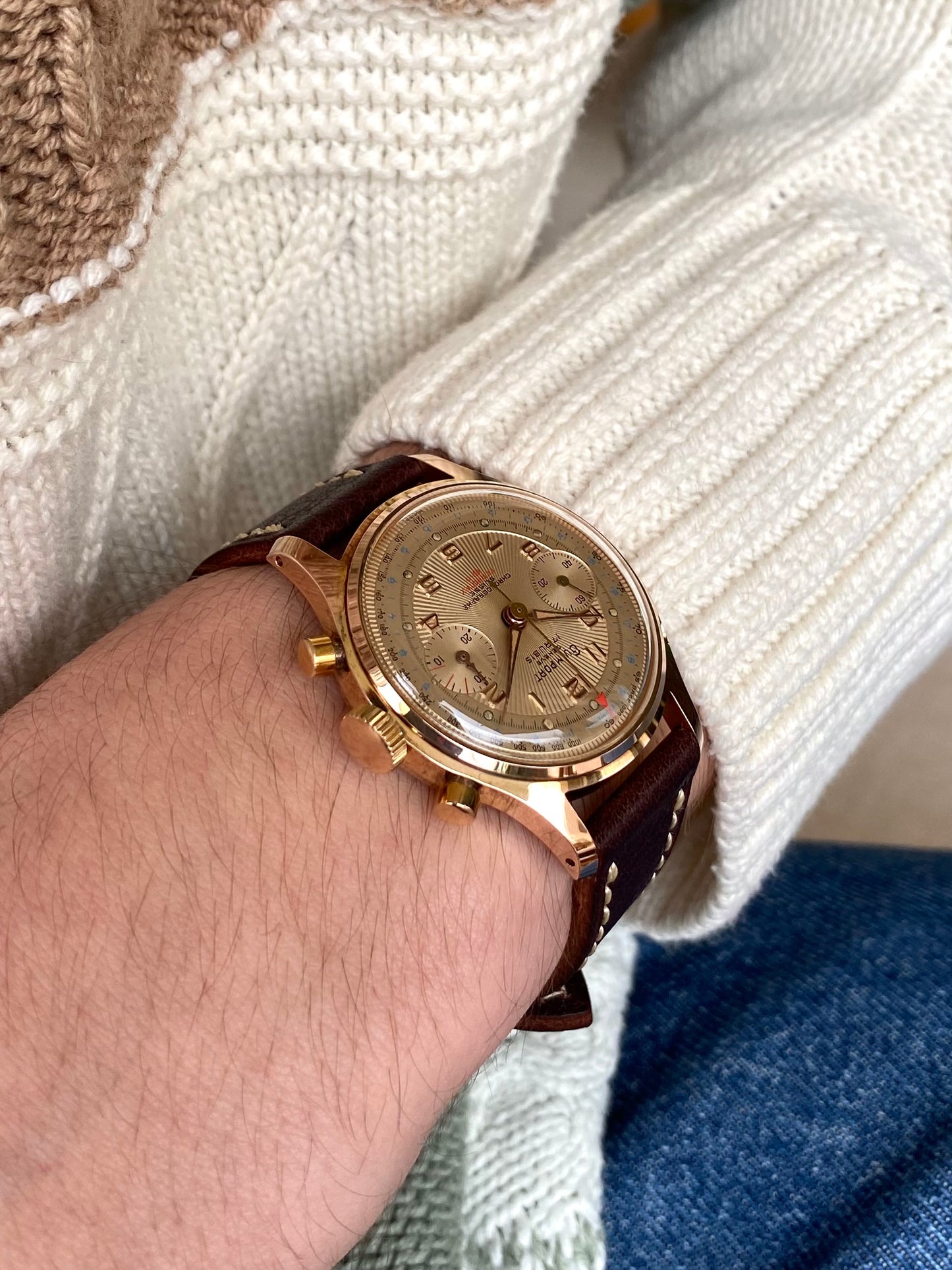 Guimport Genève Chronographe Suisse - Montre Vintage Mécanique Cadran Guilloché Plaqué Or - Landeron 151