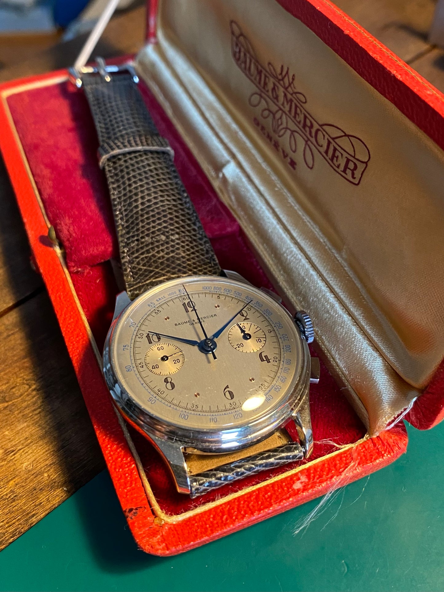 Baume & Mercier Genève Chronograph Landeron 48 Montre Vintage Mécanique 1940 + Boîte
