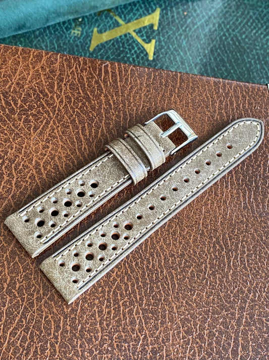 Bracelet de Montre Vintage - GRIS Rallye Sport 18mm - Cuir Véritable Ajouré