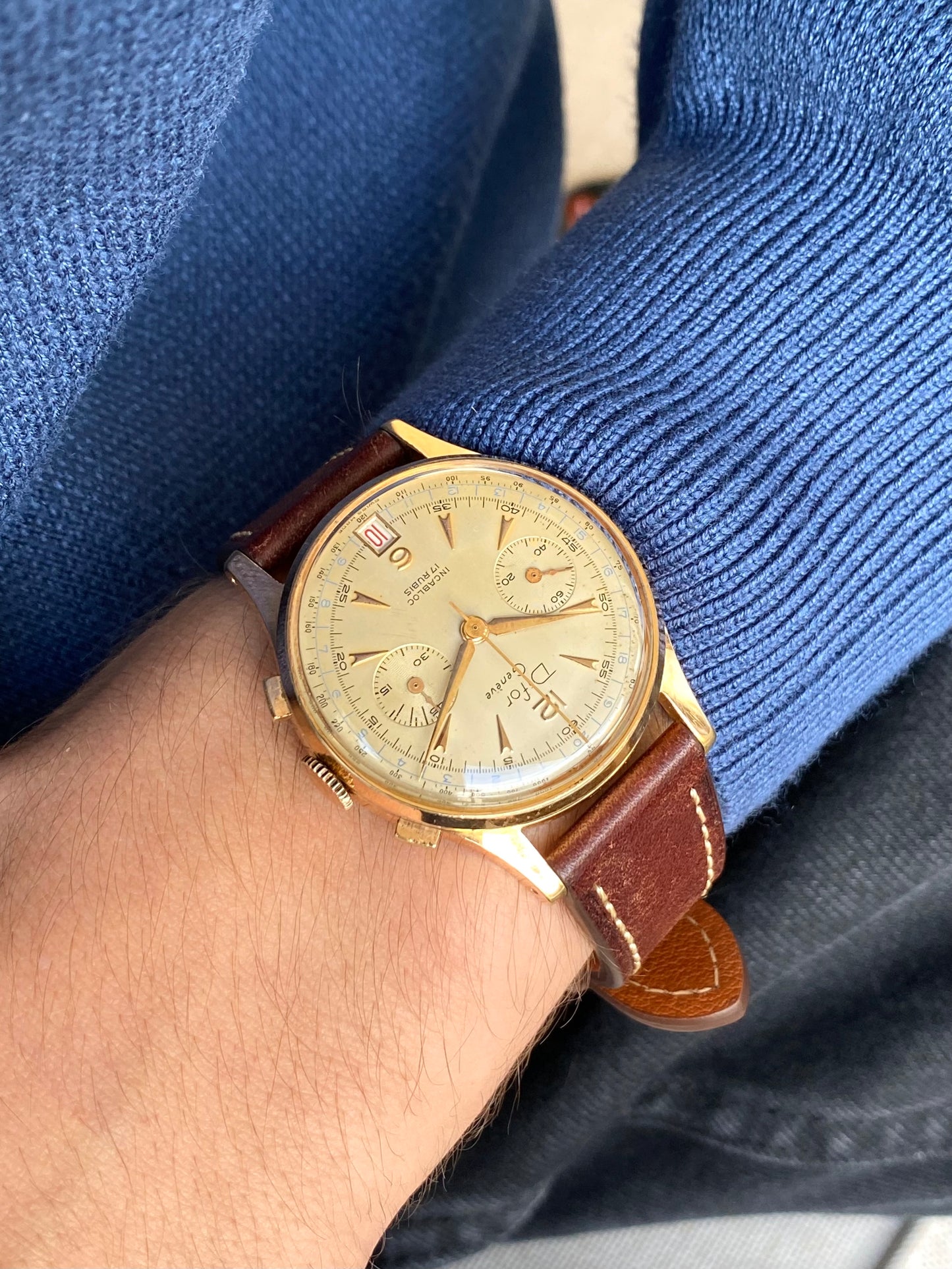 Difor Genève Chronographe Suisse Plaqué Or - Landeron 189 Date Montre Vintage Mécanique 1950