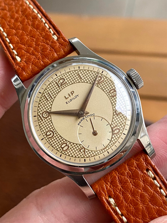 LIP Elgiloy PareChoc R25 Cadran Guilloché "Nid d’Abeille" Montre Vintage Mécanique France 1950