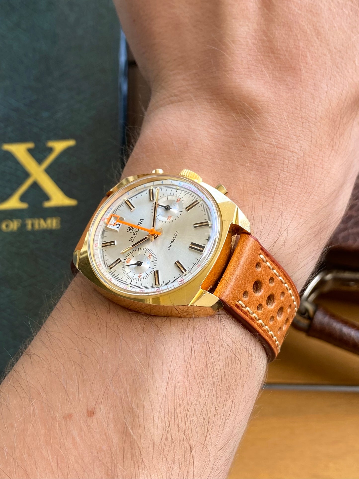 Electra Chronographe Montre Vintage Mécanique Valjoux 7734 Plaqué Or 1970