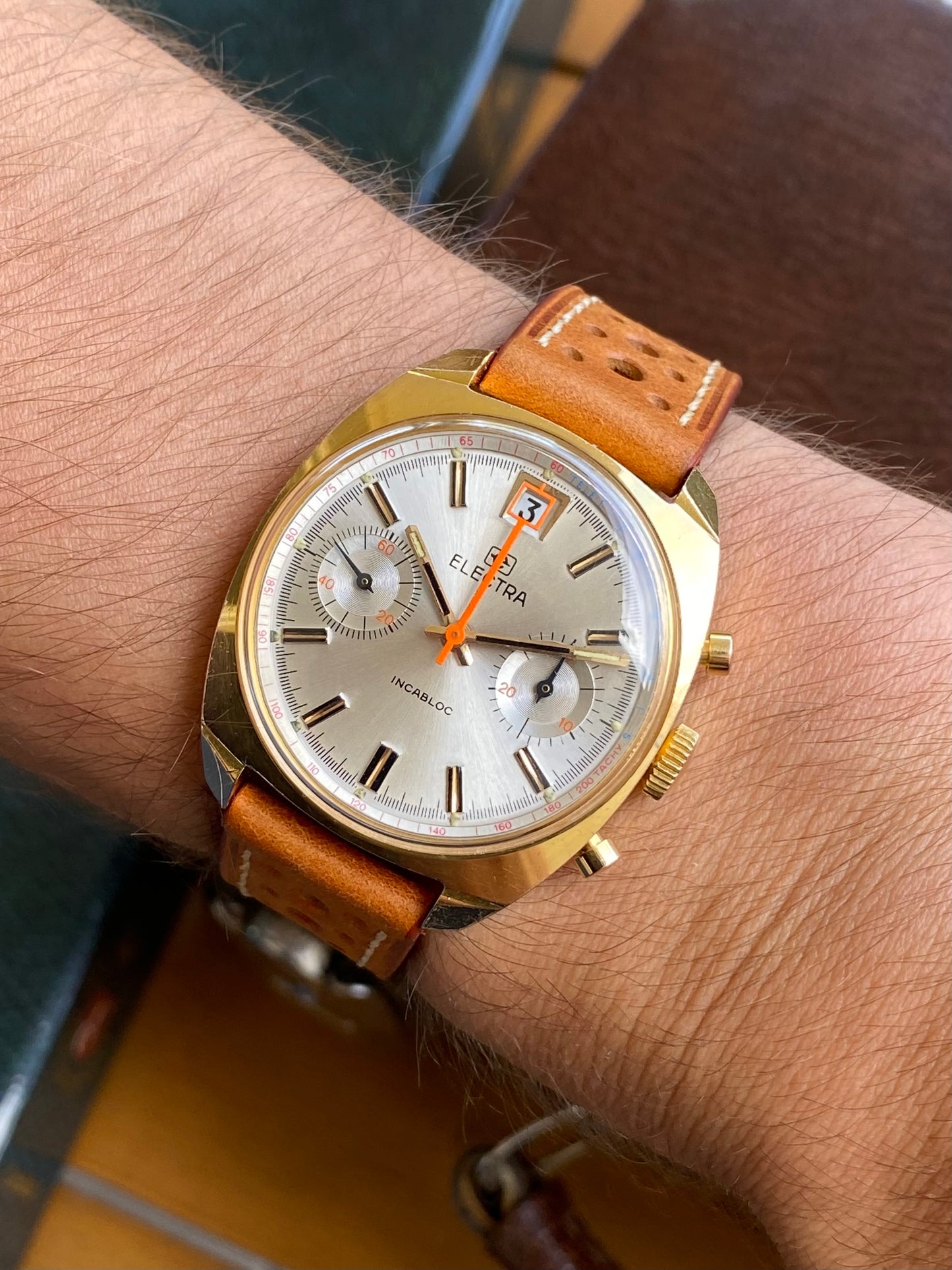 Electra Chronographe Montre Vintage Mécanique Valjoux 7734 Plaqué Or 1970