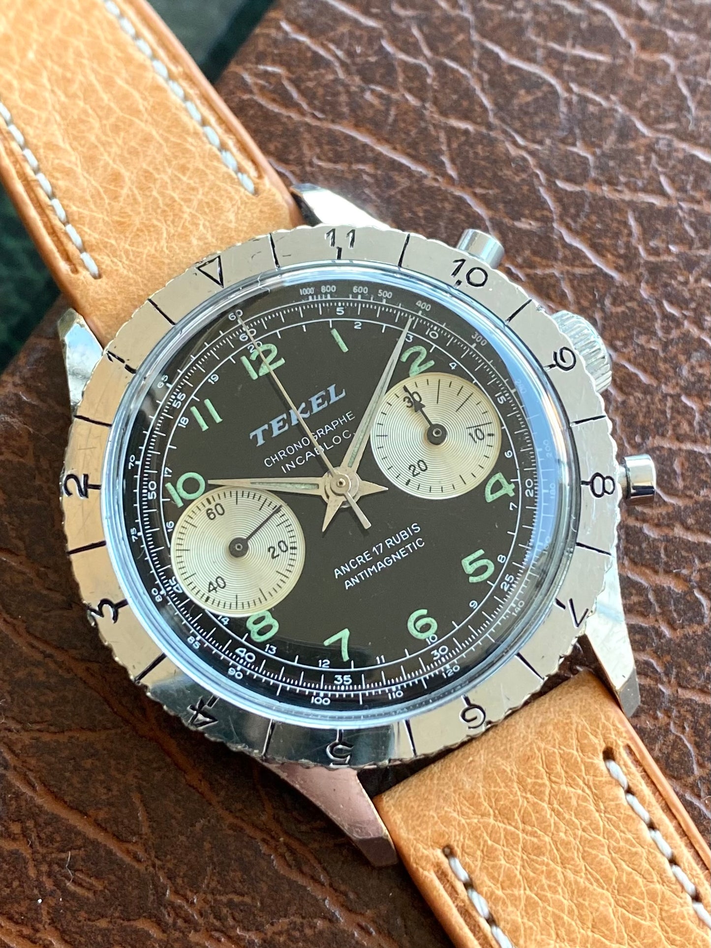 Montre Chronographe Aviation TEKEL - Montre Vintage Mécanique Landeron 248 - Cadran Noir Jumbo- 1960